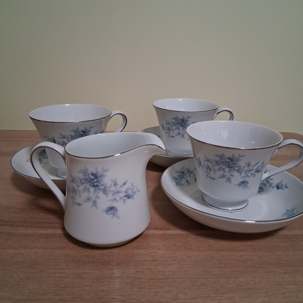 Crown Empire Duchess Set of 3Cup ,3 Saucer , Creamer Ceramic Floral Silver Rim